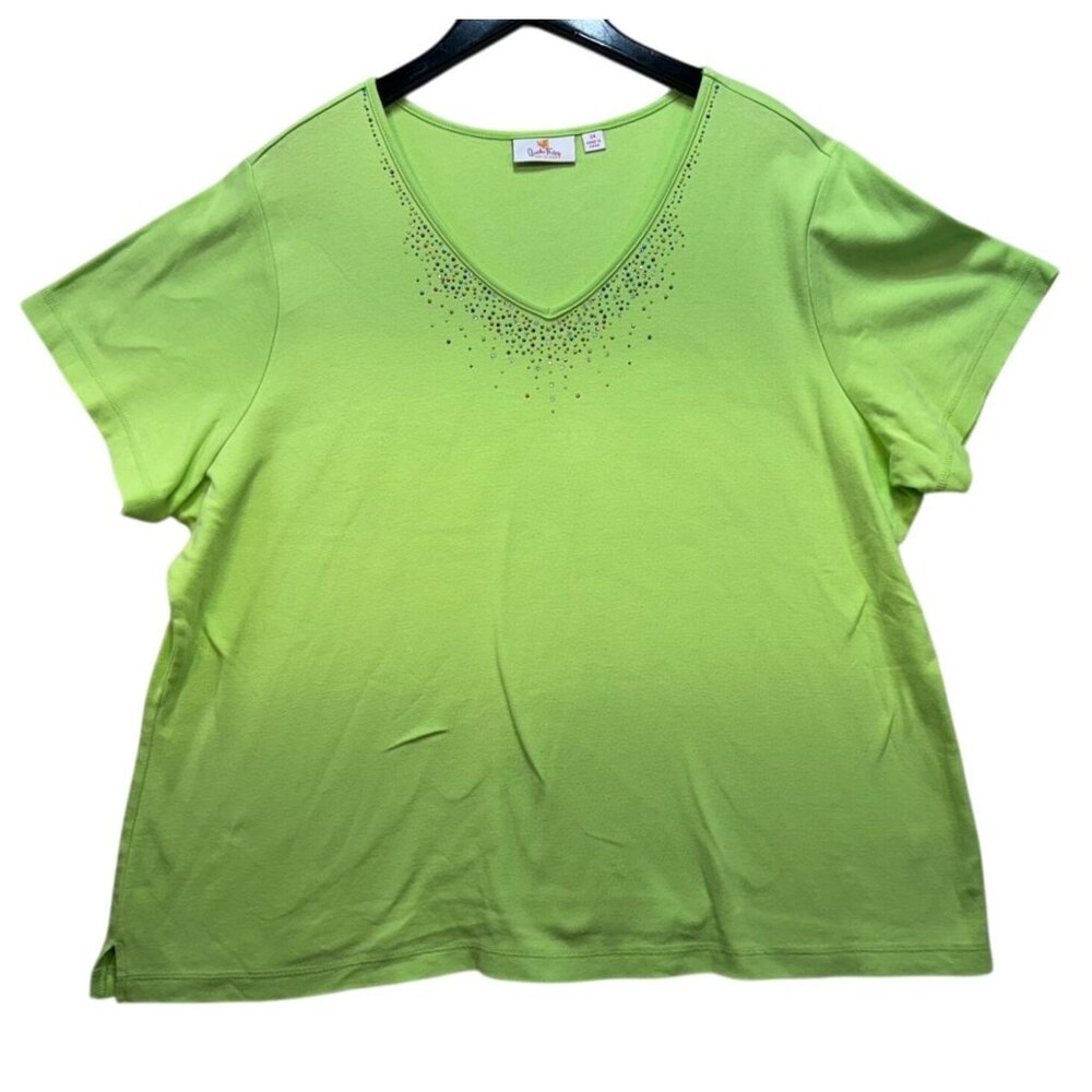 Quacker Factory Womens Beaded V-Neck Tee Top 2X Green Short Sleeve Cotton